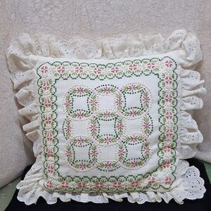 Hand crafted Embroidered Floral Ruffle 16" Square Pillow